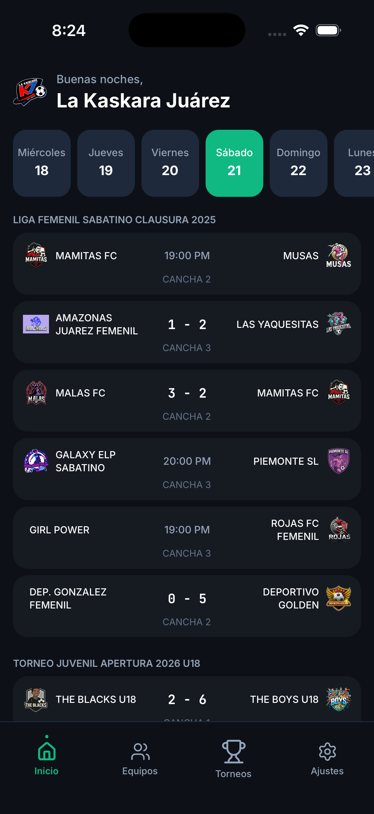 Pantalla de inicio con partidos del día