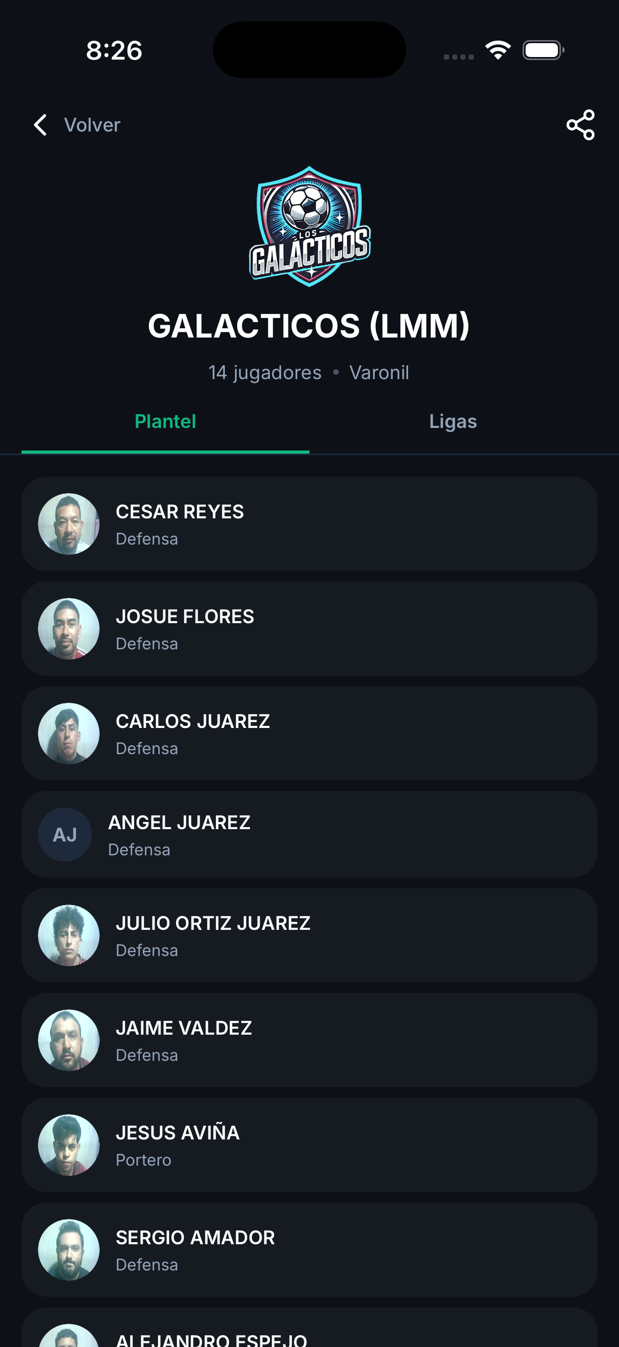 Detalle de equipo con plantel