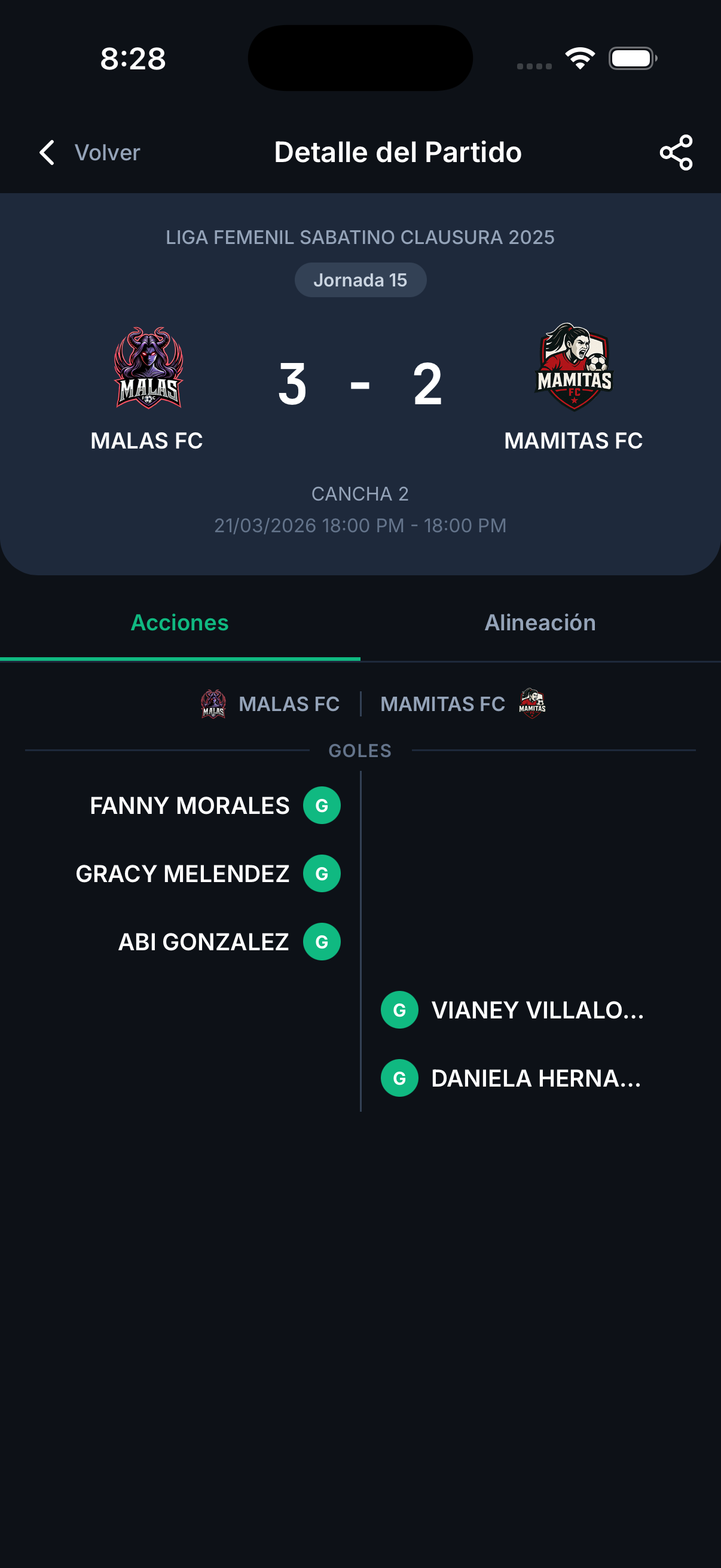 Detalle de partido con goles y acciones
