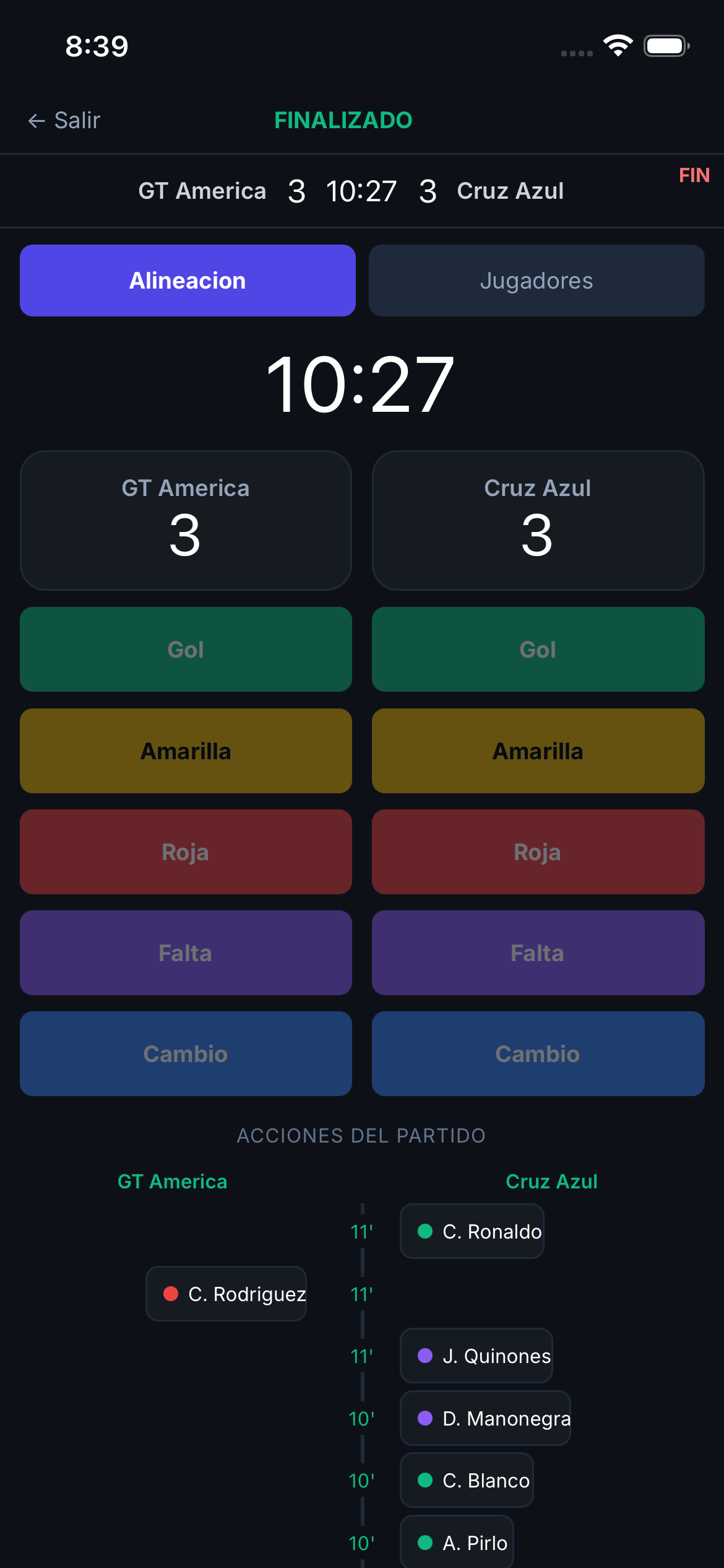Timeline de acciones y resultado del partido