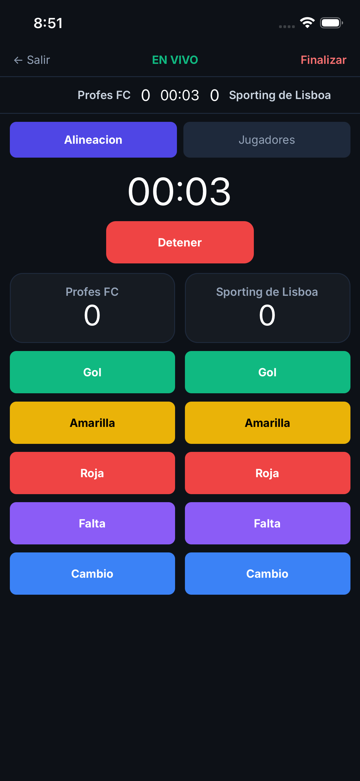 Cronómetro y panel de control del árbitro en vivo
