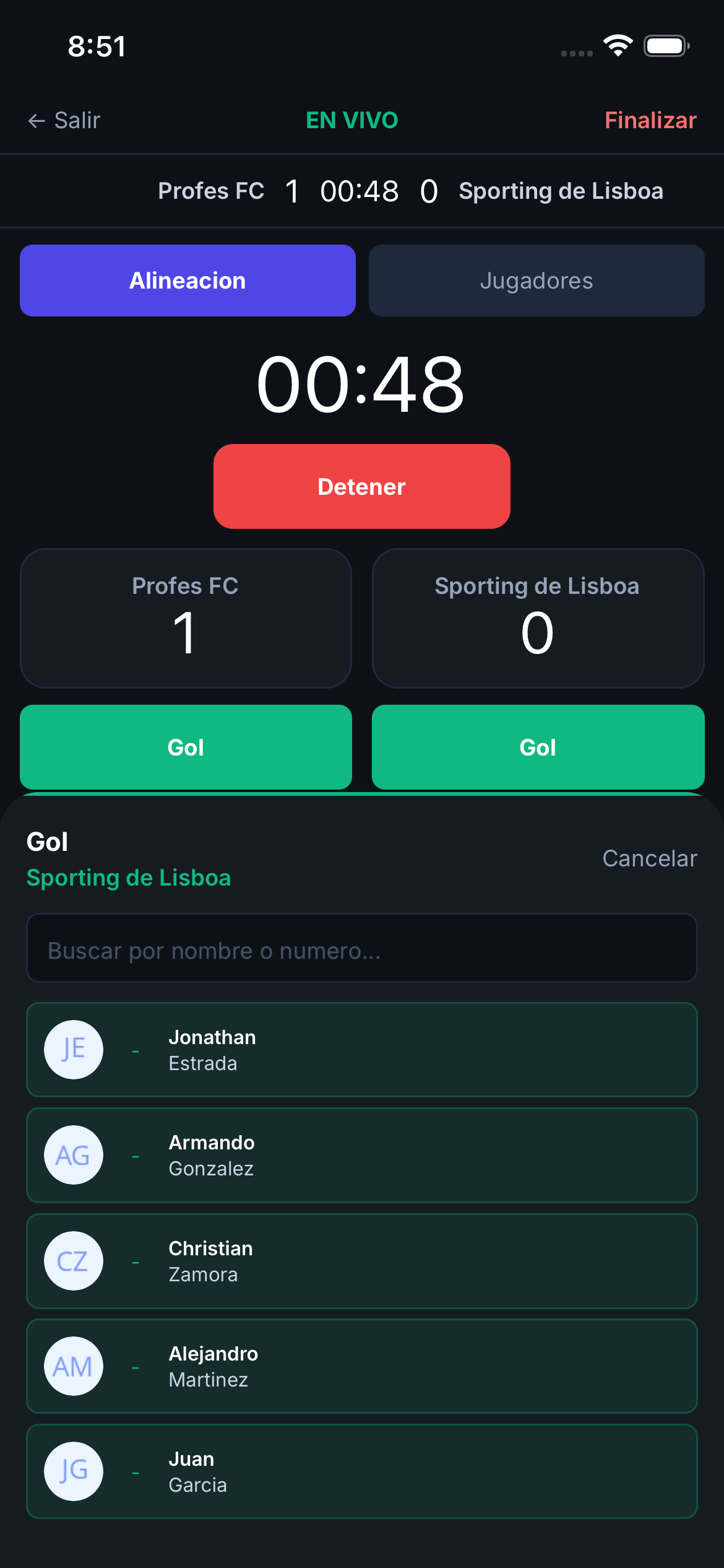 Selector de jugador para registrar gol