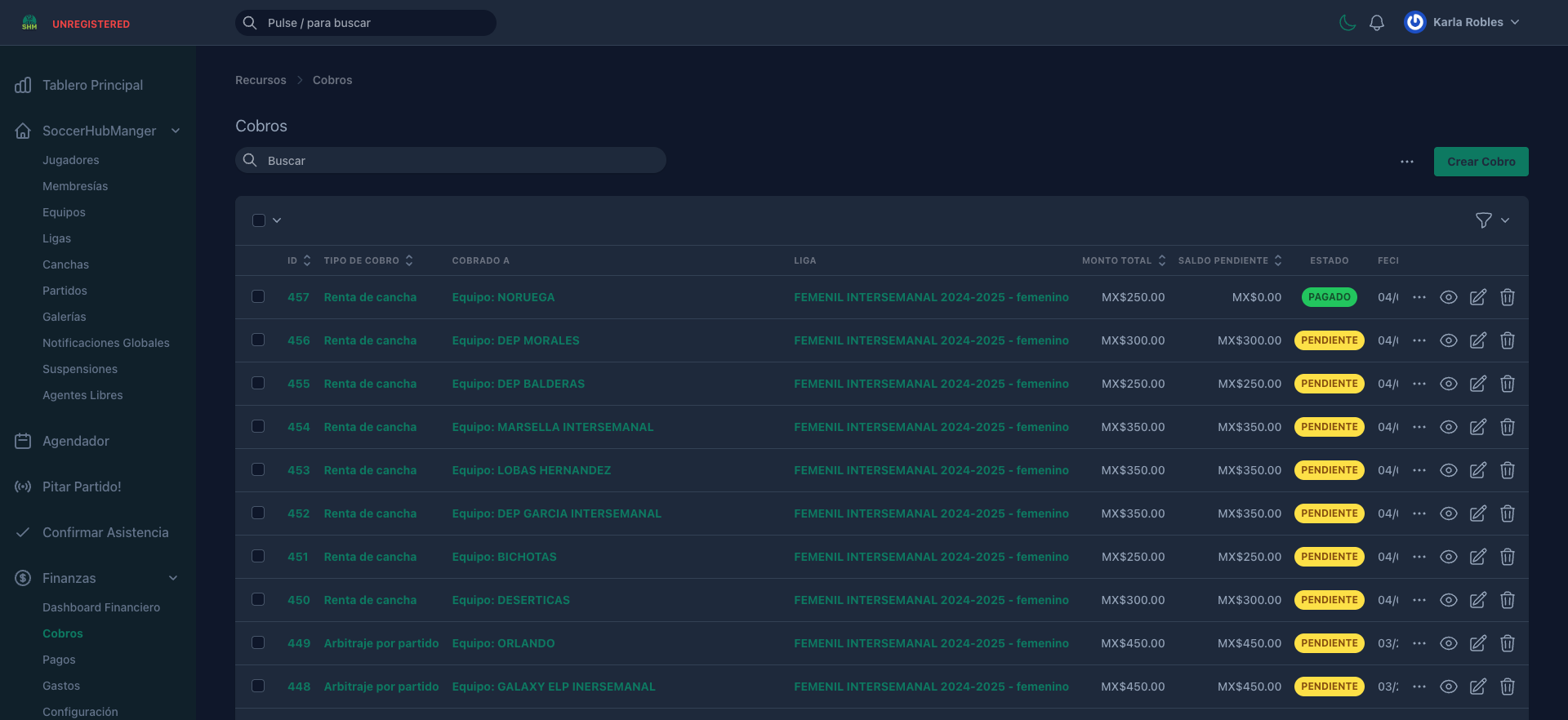 Lista de cobros de liga de fútbol