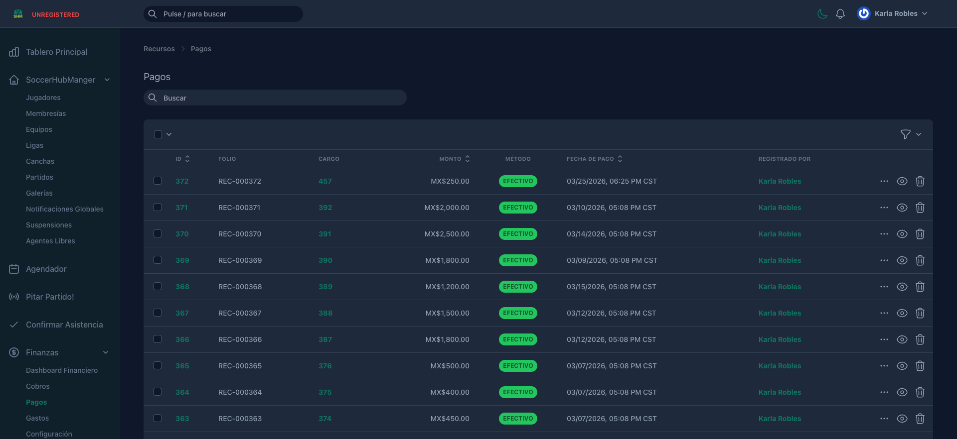 Registro de pagos con folio y recibos